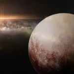 Image of the planet Pluto in space with the Milky Way galaxy and a bright light in the background.