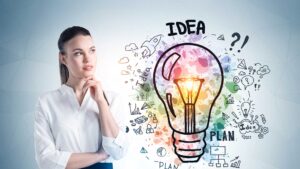 Woman pondering about an idea with lightbulb graphic to her left showing ideas, plan, and questions