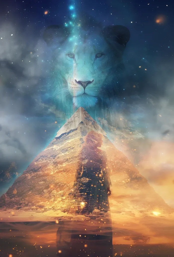 A cosmic image of a woman standing before a pyramid with the ghostly figure of a lion in the sky, blending celestial and earthly elements.