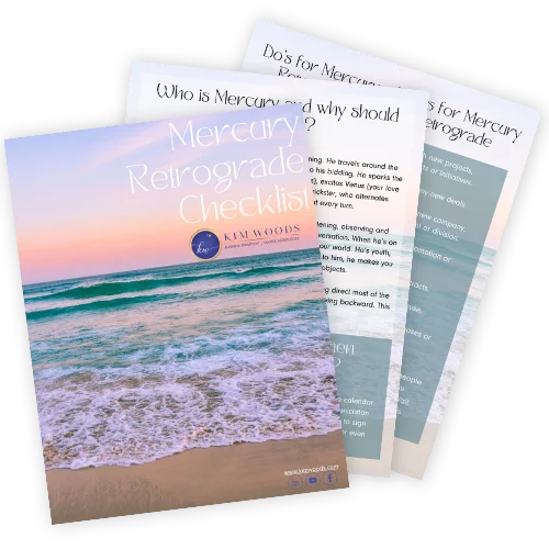 Spring-2023-Mercury-Retrograde-Guide-Mock-Up1 Mockup of the Mercury Retrograde Checklist by Kim Woods, featuring a serene beach scene with gentle waves at sunset on the cover, alongside preview pages of guidance and tips for navigating Mercury retrograde.