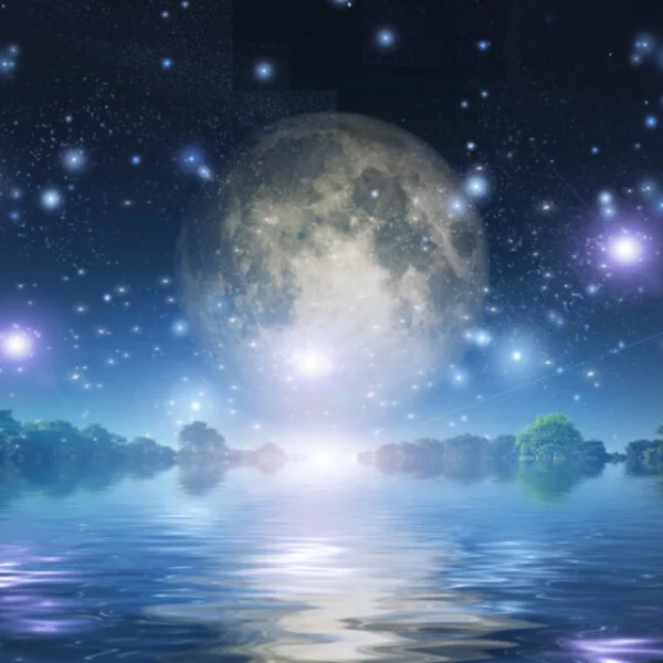 A serene night scene featuring a bright full moon casting light over a tranquil lake, surrounded by silhouetted trees and a sky filled with stars and glowing orbs.