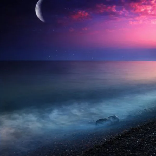 A peaceful seaside at dusk, with gentle waves lapping against the shore, a crescent moon high in the sky, and shades of pink and purple blending in the horizon.