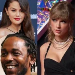 Collage of celebrities Selena Gomez, Kendrick Lamar, and Taylor Swift against a starry cosmic background, used as a featured image for a blog post exploring their soul missions through evolutionary astrology.