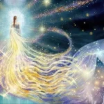 Mystical depiction of a luminous figure surrounded by flowing light and stars, representing spiritual awakening, soul purpose, and higher guidance.