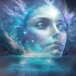 Ethereal image of a glowing feminine face merging with stars, clouds, and ocean, symbolizing divine intuition, cosmic consciousness, and soul-aligned vision.
