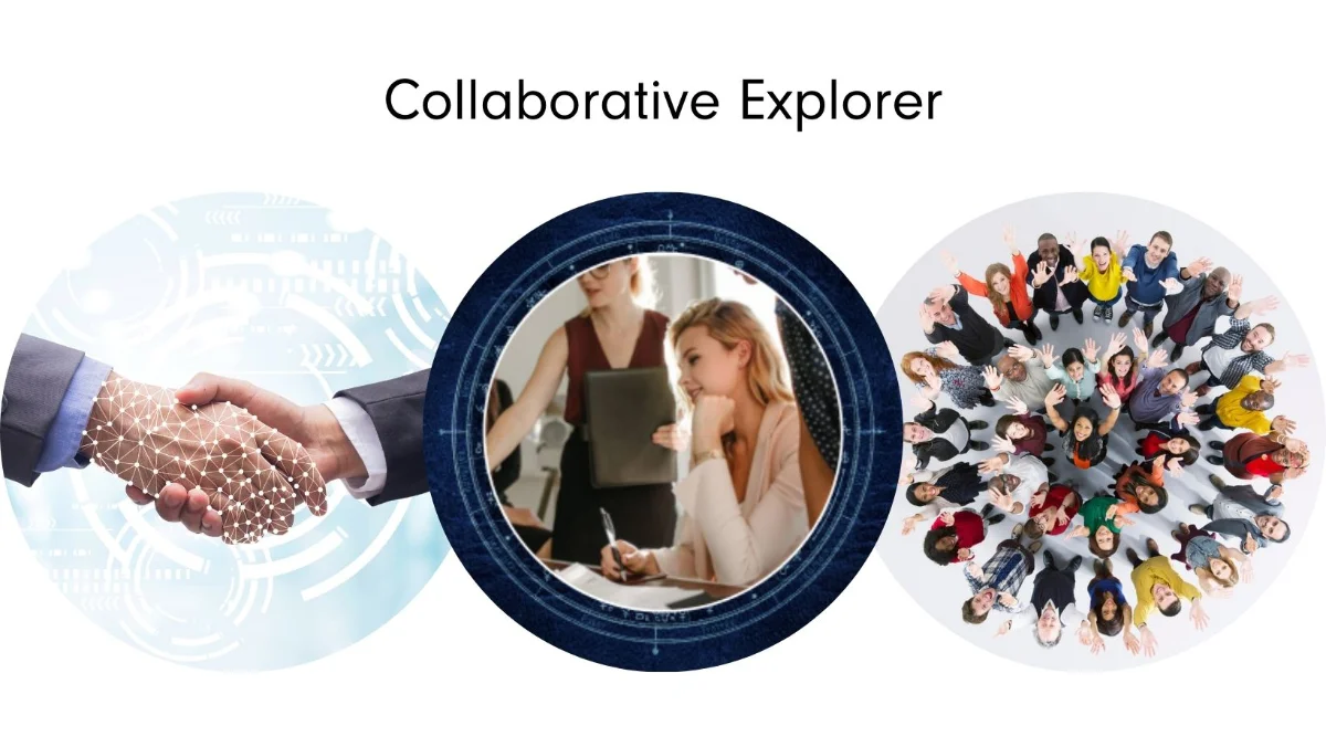 Three scenes of powerful collaboration: a digital handshake symbolizing connection through innovation, a woman engaged in a lively team discussion, and a diverse, cheerful group gathered in a circle with raised hands—illustrating the energy of the Collaborative Explorer Intuitive Success Signature™.