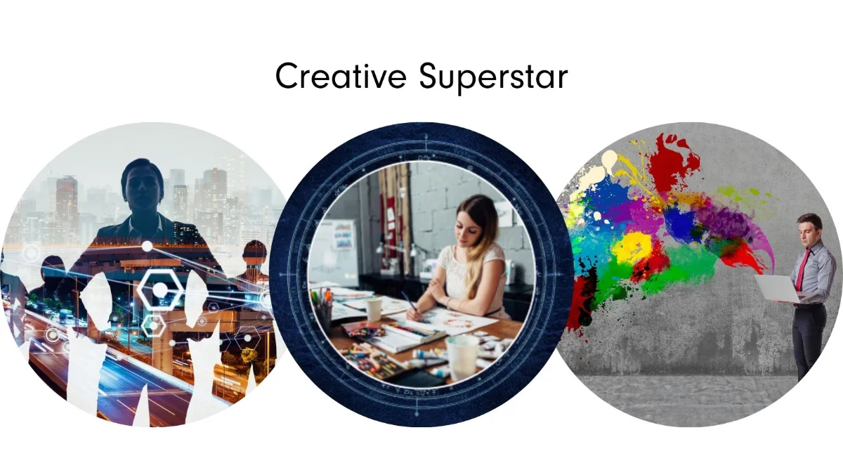 Three bold snapshots of creativity in action: a silhouette of a professional overlaid with glowing tech and city lights, a woman painting at a studio desk surrounded by supplies, and a man standing against a gray wall as an explosion of color bursts from his laptop—expressing the essence of the Creative Superstar Intuitive Success Signature™.
