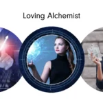 Three images reflecting heart-centered transformation: a business figure gesturing to a rising graph of abundance, a woman calmly holding a glowing holographic sphere, and another joyfully smiling while holding a fan of cash—capturing the essence of the Loving Alchemist Intuitive Success Signature™.
