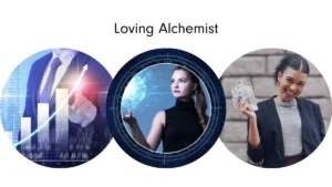 Three images reflecting heart-centered transformation: a business figure gesturing to a rising graph of abundance, a woman calmly holding a glowing holographic sphere, and another joyfully smiling while holding a fan of cash—capturing the essence of the Loving Alchemist Intuitive Success Signature™.