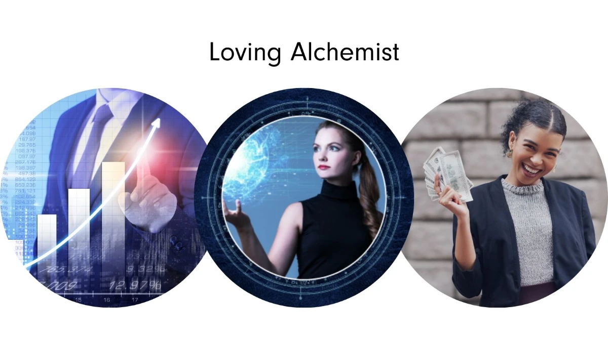 Three images reflecting heart-centered transformation: a business figure gesturing to a rising graph of abundance, a woman calmly holding a glowing holographic sphere, and another joyfully smiling while holding a fan of cash—capturing the essence of the Loving Alchemist Intuitive Success Signature™.