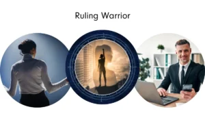 Three bold visuals of leadership and power: a woman owning the stage with confidence, a layered silhouette of a strong figure raising a fist against a city skyline, and a sharply dressed man smiling at his desk, phone in hand—capturing the drive and clarity of the Ruling Warrior Intuitive Success Signature™.