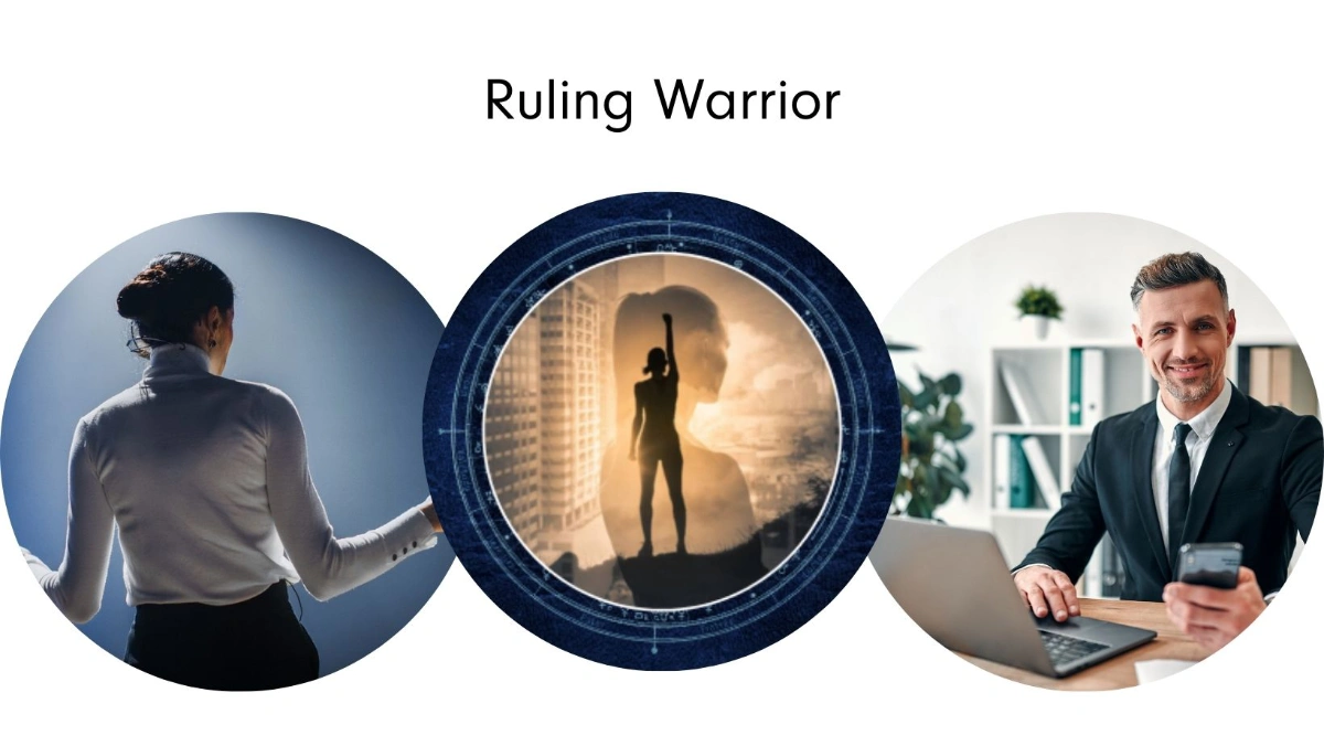 Three bold visuals of leadership and power: a woman owning the stage with confidence, a layered silhouette of a strong figure raising a fist against a city skyline, and a sharply dressed man smiling at his desk, phone in hand—capturing the drive and clarity of the Ruling Warrior Intuitive Success Signature™.