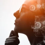 Profile of a person in glasses deep in thought, with digital technology graphics and data charts overlaying their head, symbolizing the fusion of human intuition and artificial intelligence.