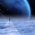 Person walking alone on a glowing pathway above the clouds toward a large blue planet, with colorful butterflies flying nearby in a dark starry sky. Soul-Strong Strategy