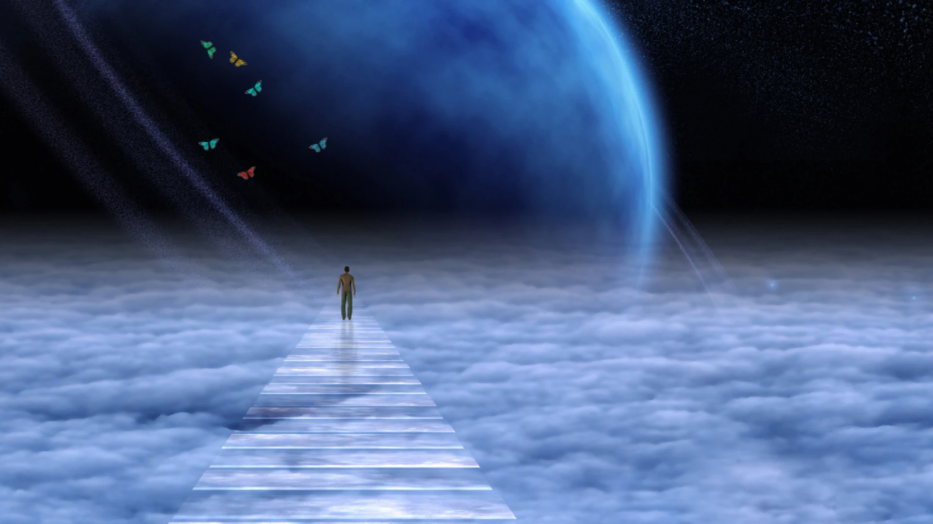 Person walking alone on a glowing pathway above the clouds toward a large blue planet, with colorful butterflies flying nearby in a dark starry sky. Soul-Strong Strategy