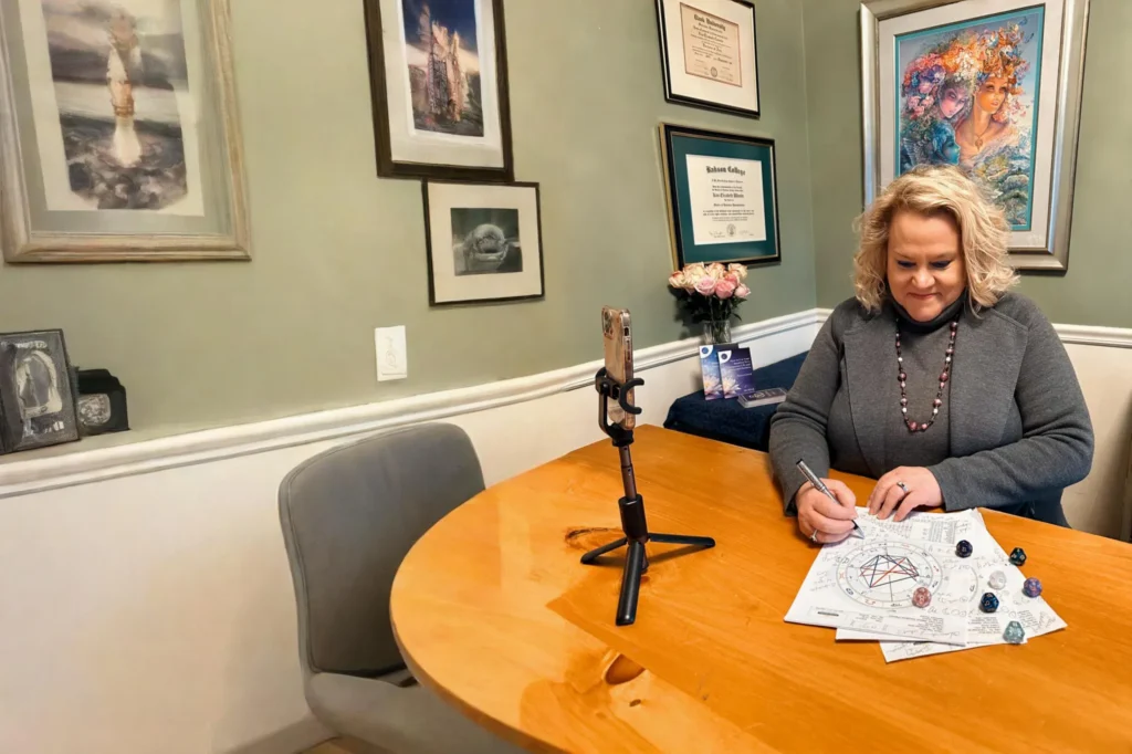 Kim Woods wearing a green sweater and pearl necklace writes on an astrological chart, with gemstones placed on the table. A smartphone on a tripod captures the scene, with framed certificates and artwork in the background.