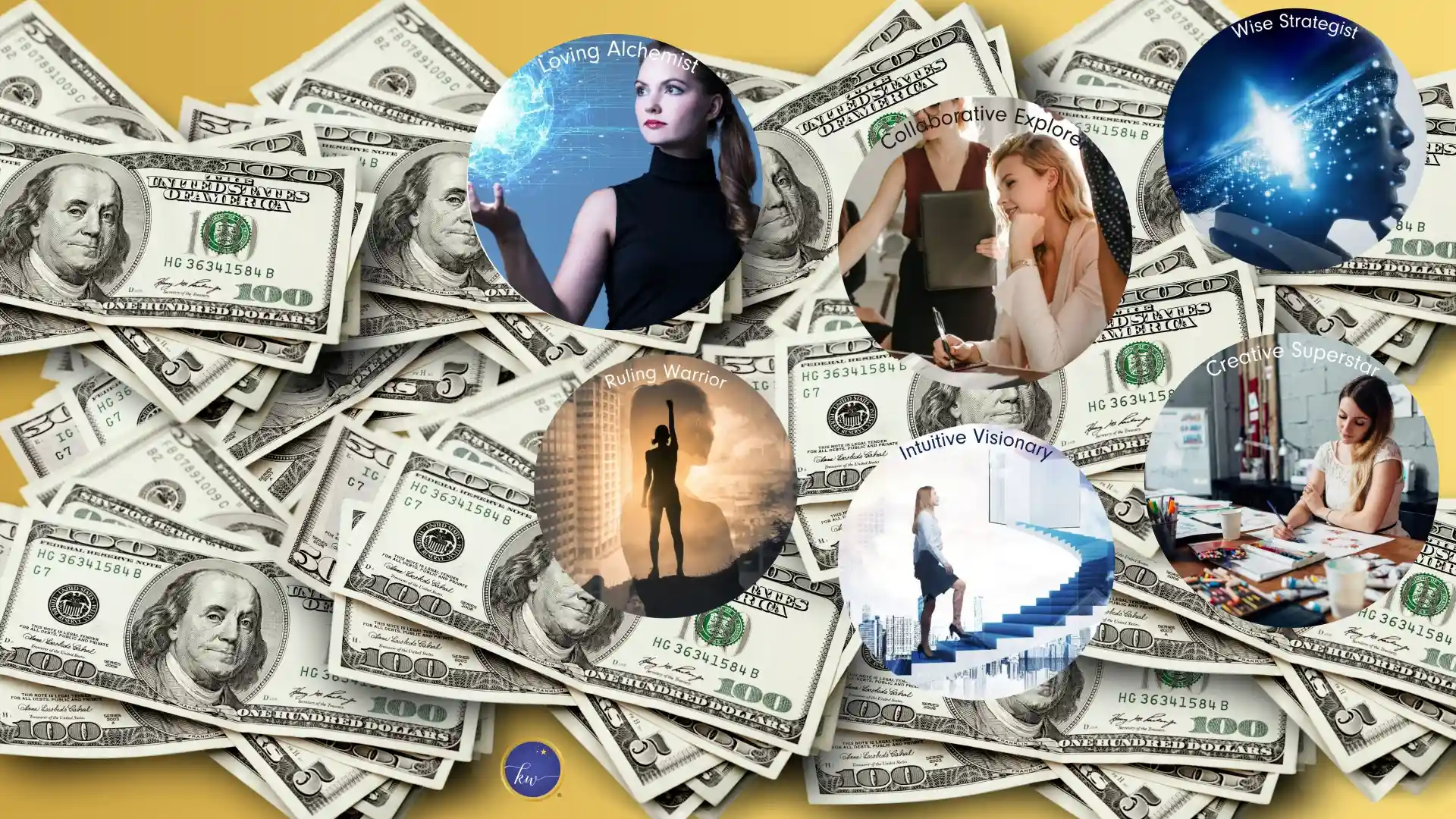 Collage of six Intuitive Success Signatures—Loving Alchemist, Collaborative Explorer, Wise Strategist, Ruling Warrior, Intuitive Visionary, and Creative Superstar—shown in circular photos over a background of scattered U.S. dollar bills.