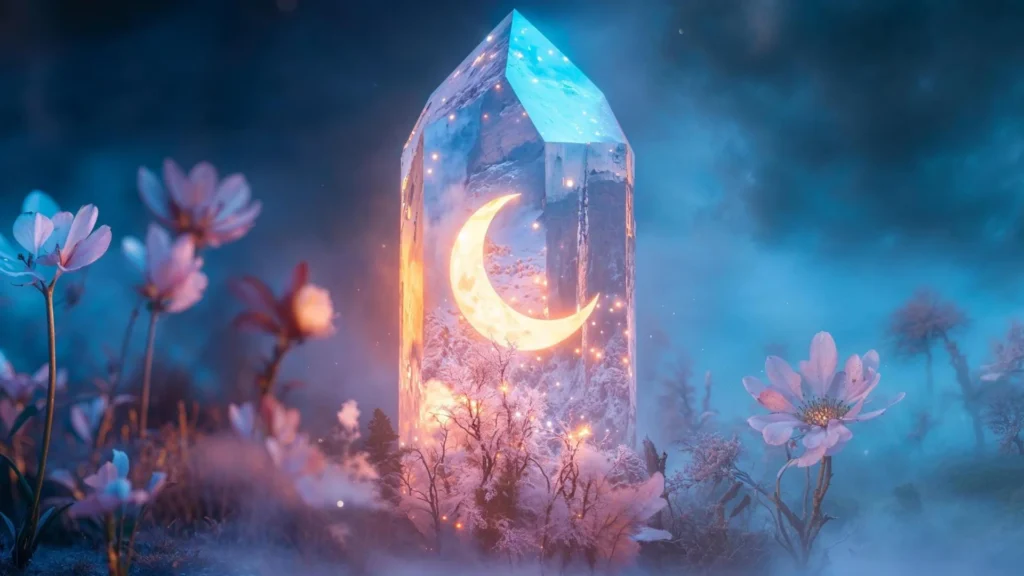 A glowing crystal tower stands in a dreamy, misty landscape surrounded by soft pink flowers. Inside the transparent crystal, a luminous crescent moon radiates golden light. The scene is bathed in ethereal blues and purples, with tiny sparkles and surreal clouds creating a magical, otherworldly atmosphere.