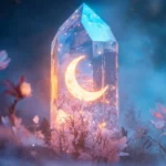 A glowing crystal tower stands in a dreamy, misty landscape surrounded by soft pink flowers. Inside the transparent crystal, a luminous crescent moon radiates golden light. The scene is bathed in ethereal blues and purples, with tiny sparkles and surreal clouds creating a magical, otherworldly atmosphere.