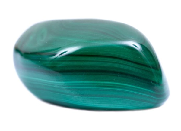 A polished malachite stone with rich green coloring and distinctive light and dark green banded patterns. The surface is smooth and glossy, and the background is white to highlight the stone's natural striations.