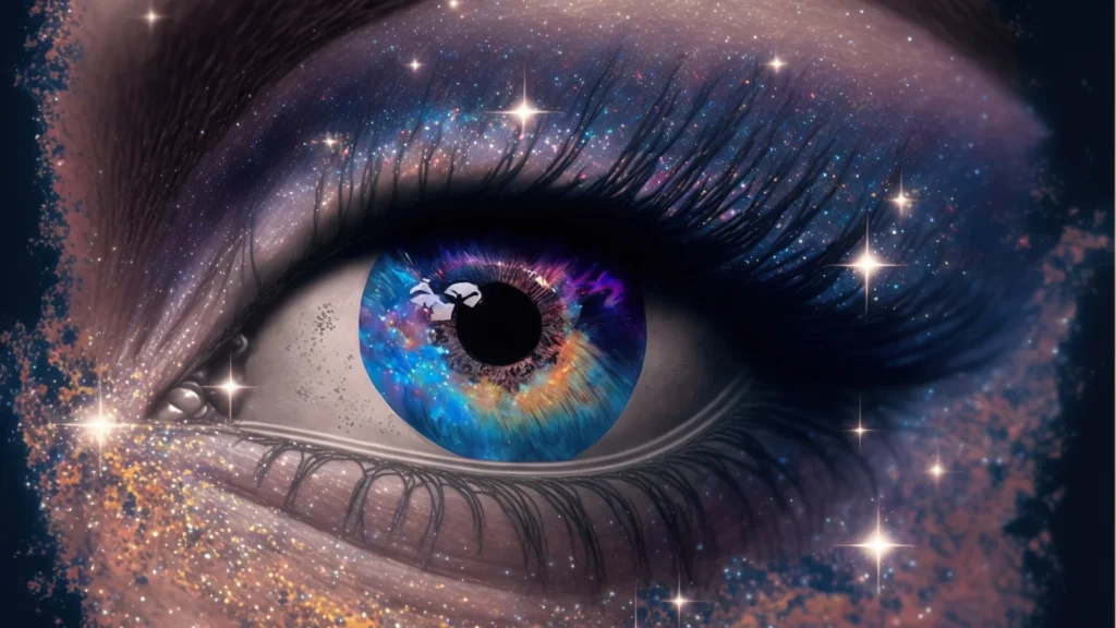 Close-up of a human eye with a cosmic galaxy reflected in the iris and stardust swirling around the lashes, symbolizing vision, intuition, and universal insight.