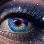 Close-up of a human eye with a cosmic galaxy reflected in the iris and stardust swirling around the lashes, symbolizing vision, intuition, and universal insight.