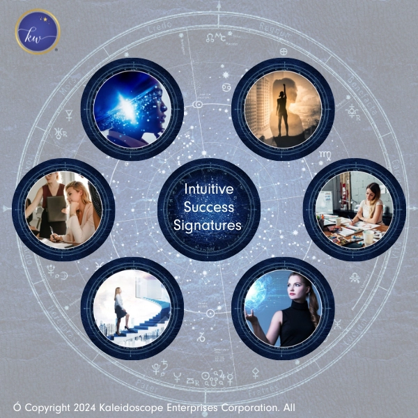 Kim Woods Master Astrologer Intuitive Success Signatures Circular zodiac-themed graphic displaying six Intuitive Success Signature archetypes, each represented by a photo: strategist, visionary, warrior, explorer, superstar, and alchemist. Center text reads “Intuitive Success Signatures,” with Kim Woods’ logo in the top left corner.