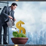 A business professional watering a plant shaped like a dollar sign, symbolizing intentional growth and strategy for the January 2026 business astrology forecast.