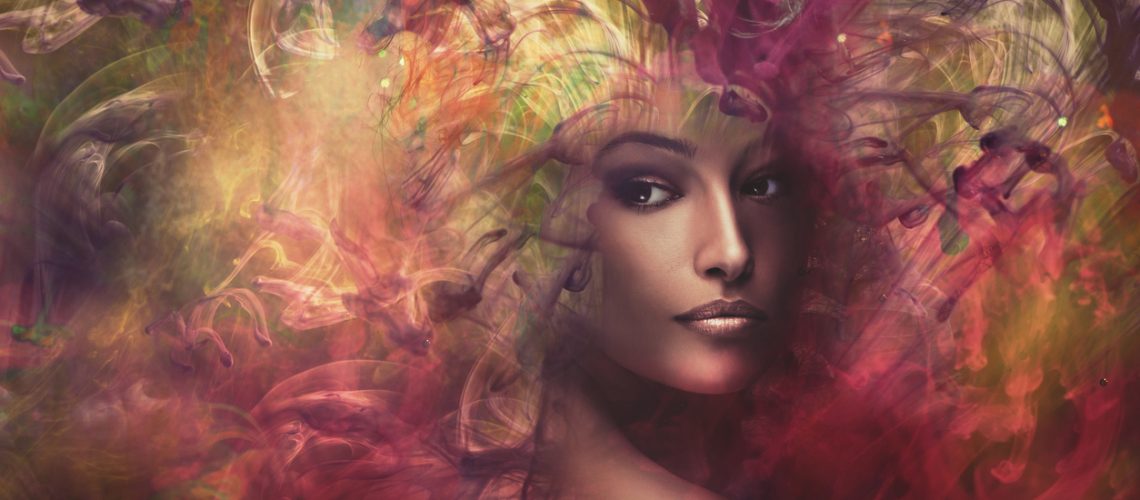 fantasy colorful beautiful young woman portrait, composite photo
